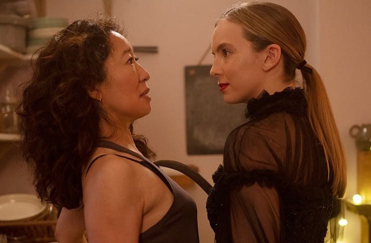 The two lead characters of Killing Eve embrace.