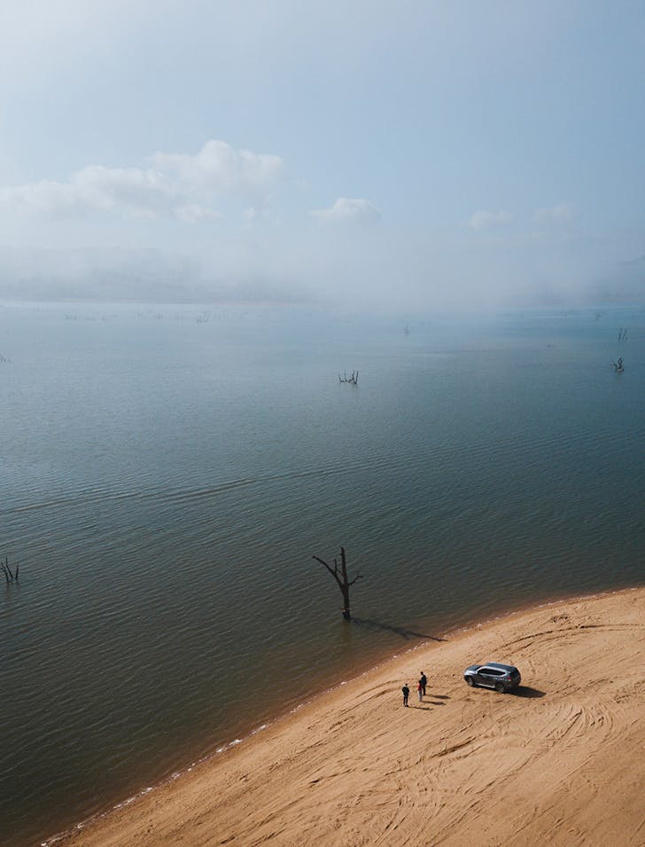 aerial of 4wd on lake hume