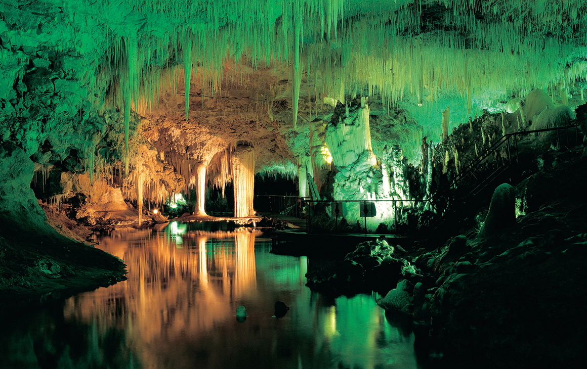 Jewel Cave light up by green lights