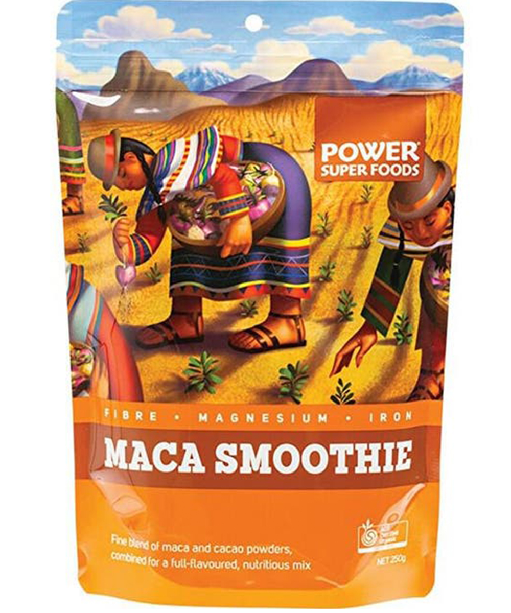 a colourful packet of protein powder with an illustration of mountains on i.