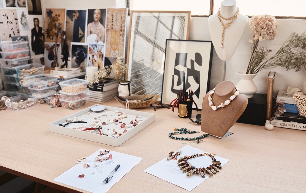 a table of jewellery and tools