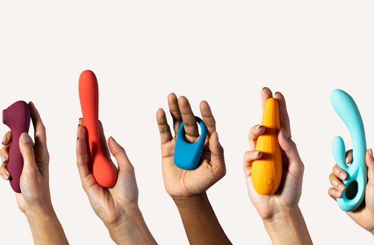 5 hands holding five different sex toys