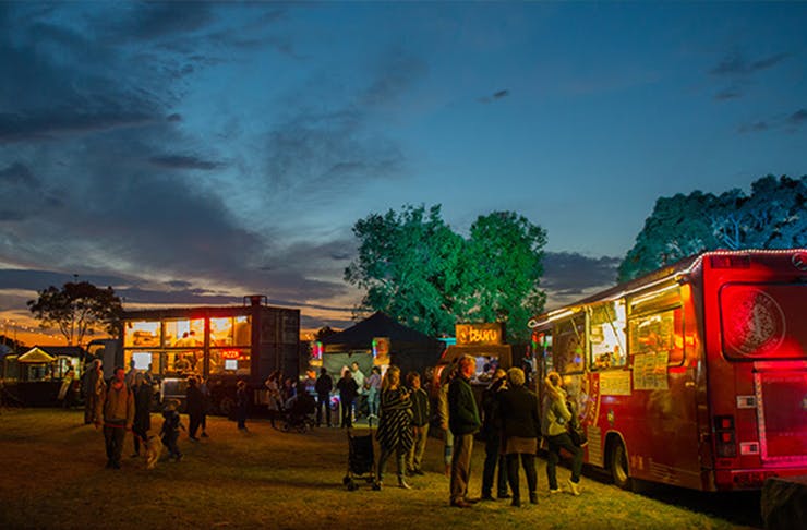 food trucks parked at night