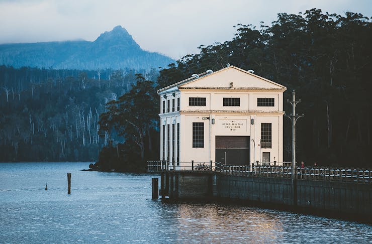 The exterior of Pumphouse Point at dusk.