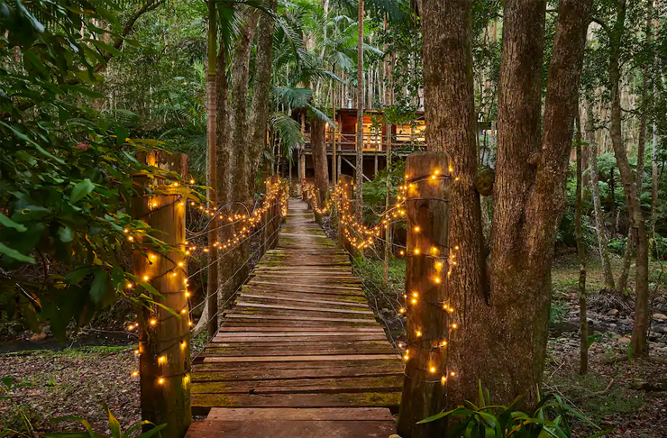 wooden bridge with fairy lights