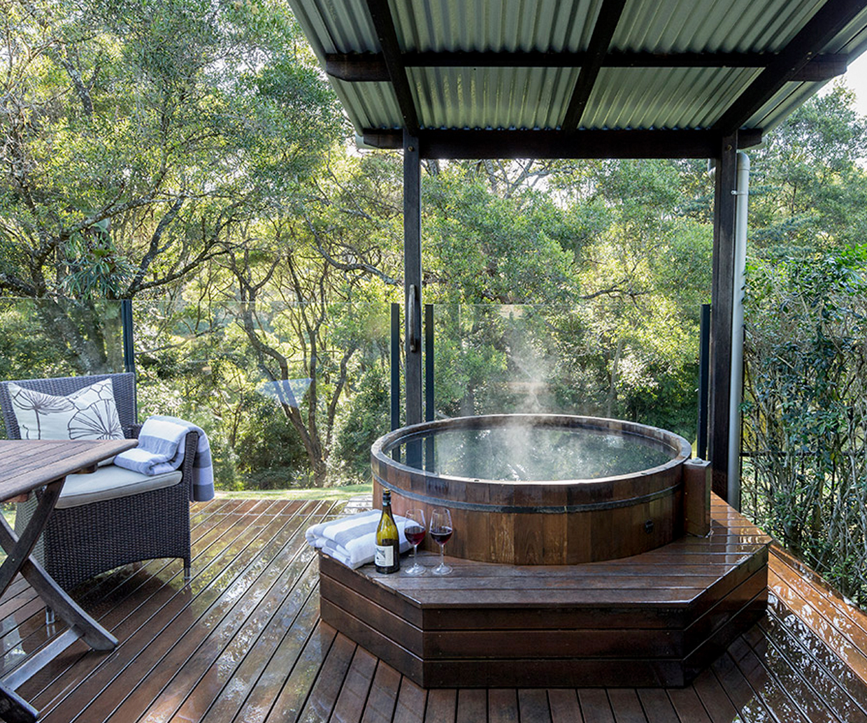 steaming hot tub on deck