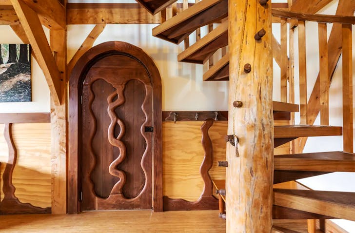 wooden interior of converted barn stay