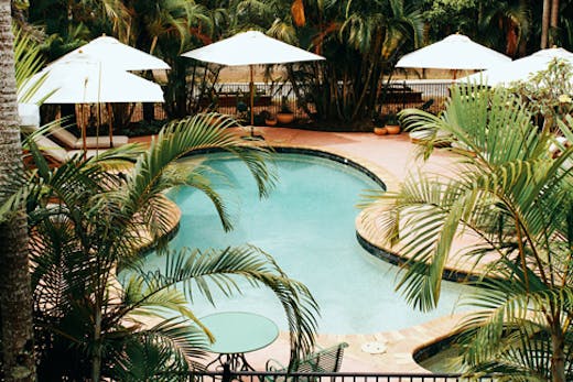 retro kidney shaped pool surrounded by tropical trees