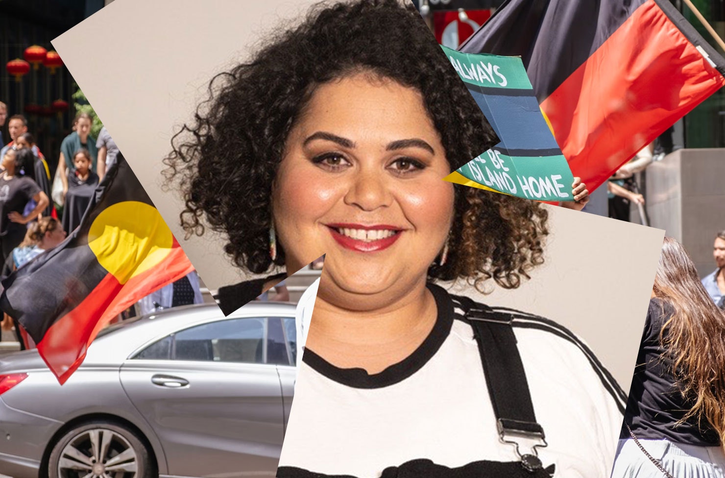 a collage of a person smiling and the indigenous flag