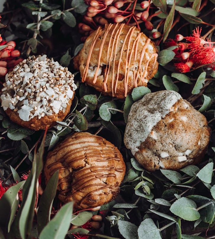four cookies resting in leafy pit