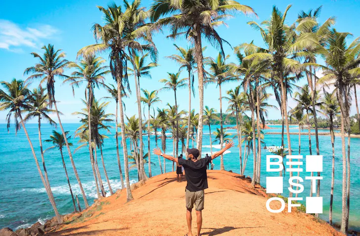 a person standing on the edge of a sandy cliff with palm trees with their hands in the air