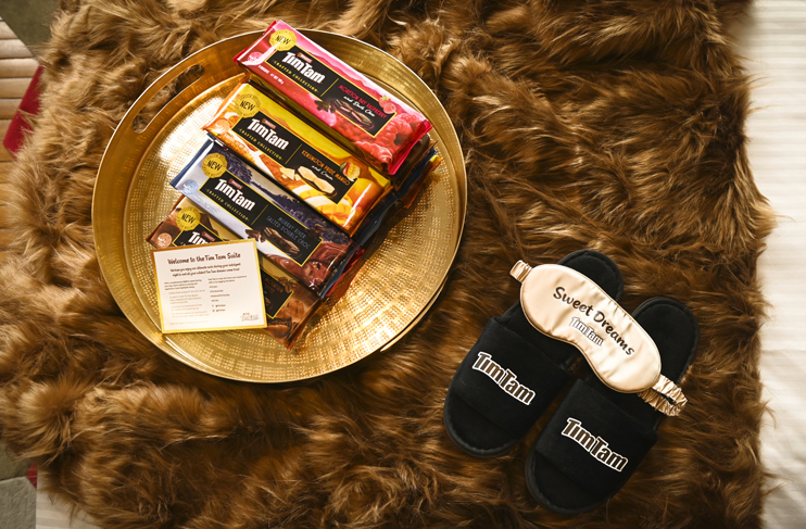 new tim tab craft collection on platter with tim tam themed slippers